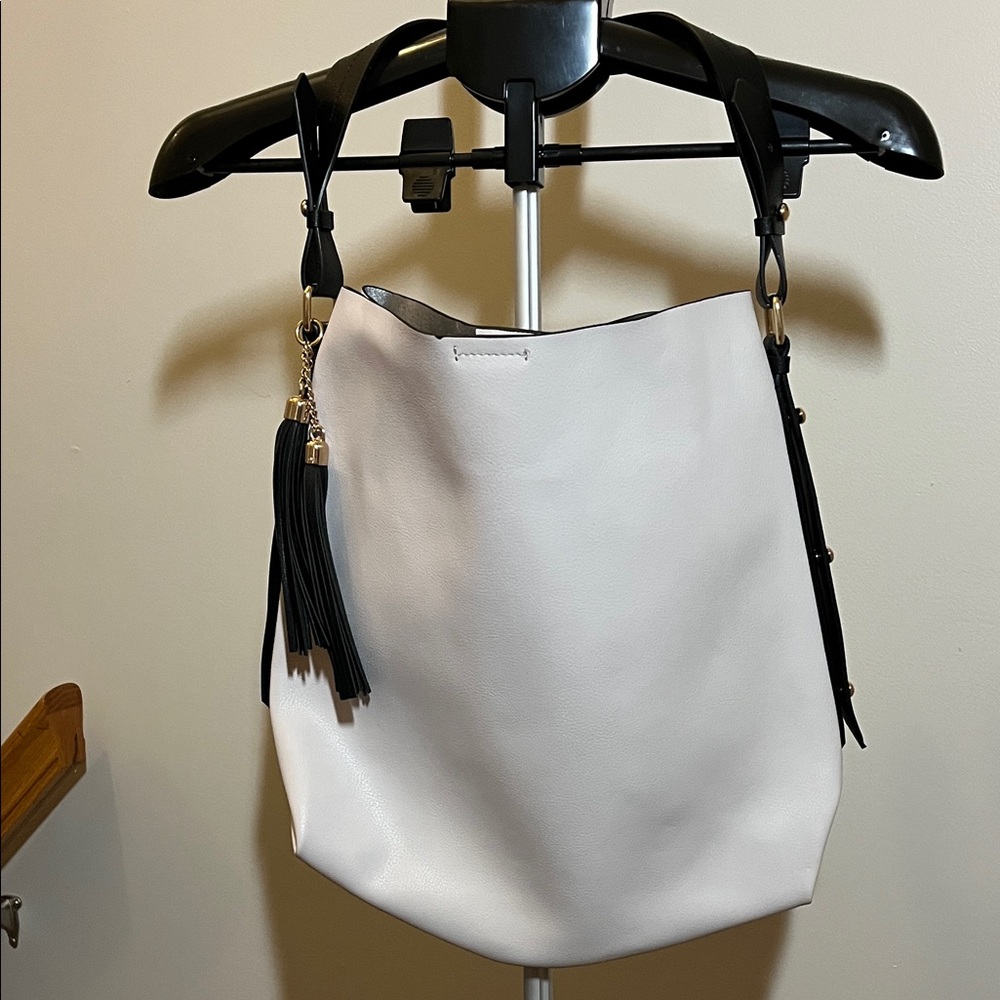 Zara Bone/Cream Shoulder Tote with Black Trim and Tassel Accent